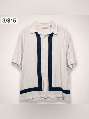 The Havanera Co Shirt L Camp Guayabera Cream Navy Stripe Resort